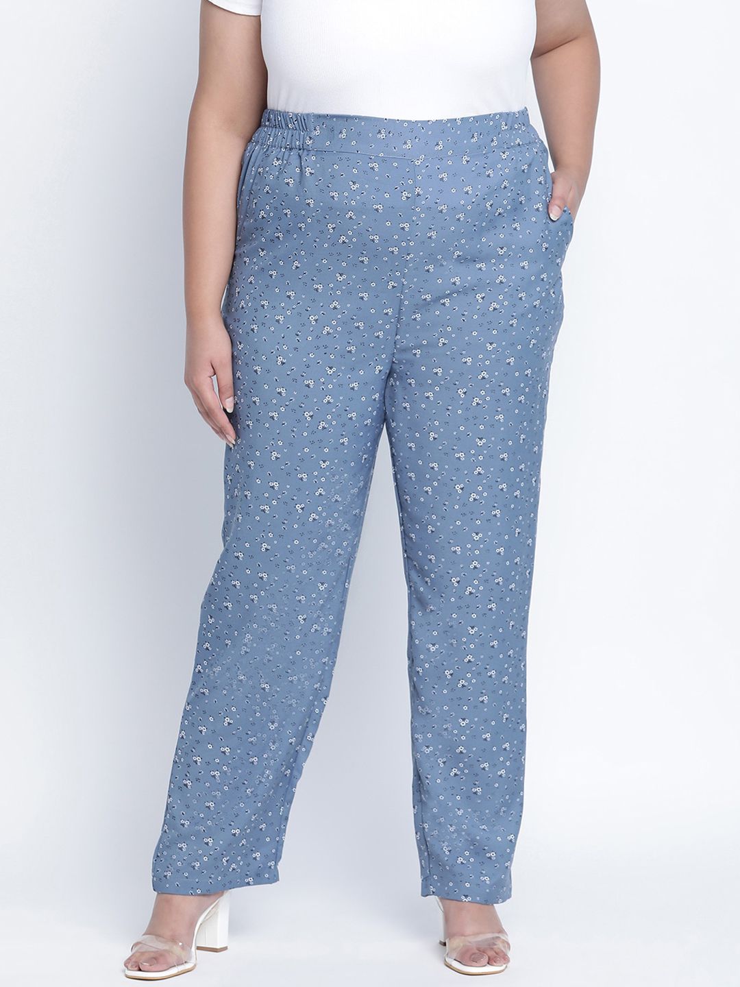 Oxolloxo Women Blue Floral Printed Plus Size Parallel Trousers Price in India