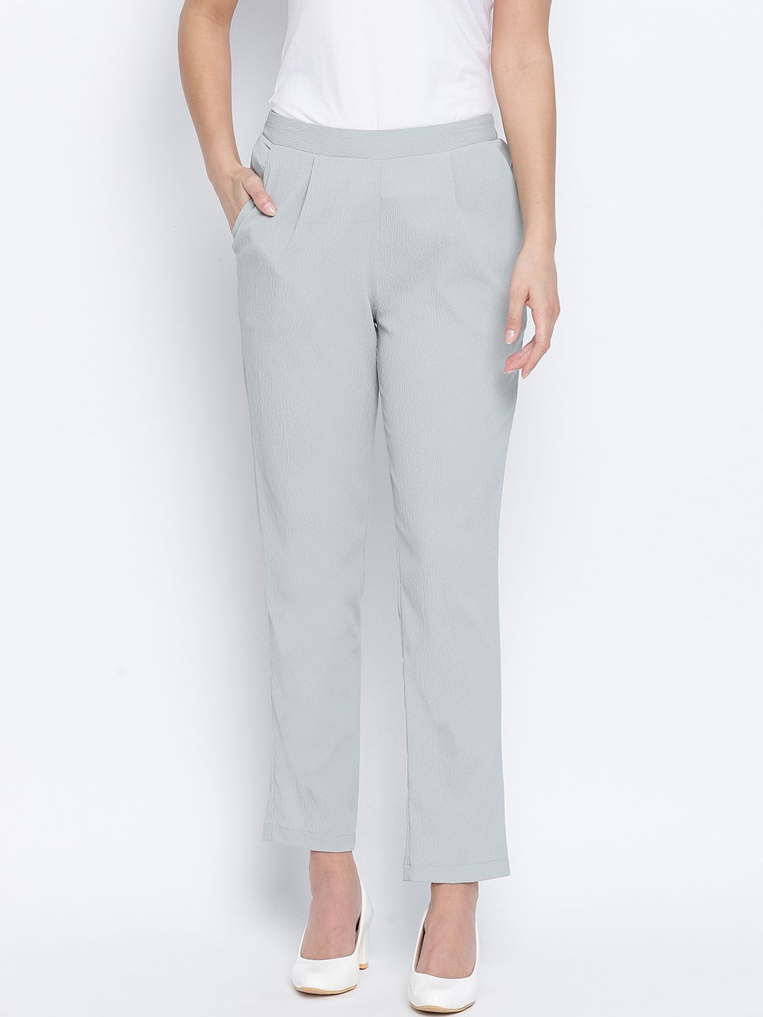 Oxolloxo Women Grey Pleated Cigerette Trousers Price in India