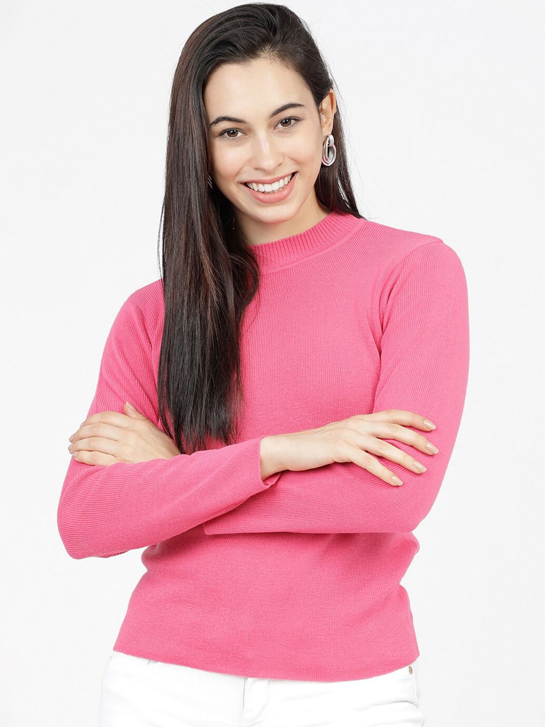 Tokyo Talkies Women Pink Ribbed Acrylic Pullover Price in India