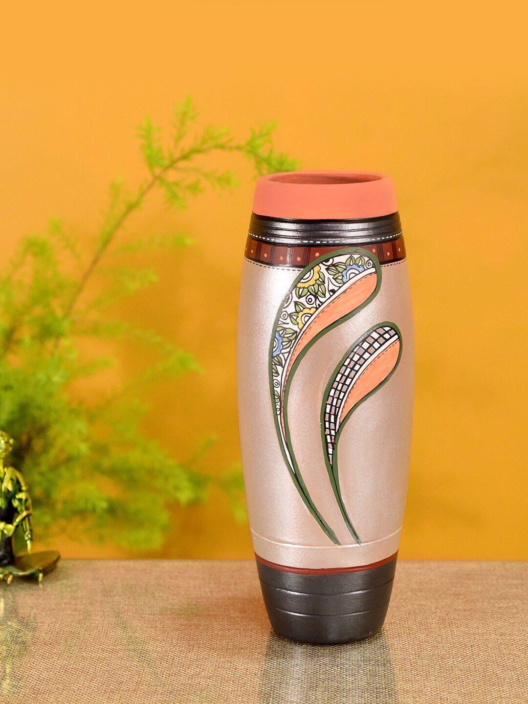 AAKRITI ART CREATIONS Orange & Green Autumn Leaf Handpainted Earthen Vase Tribal Art Price in India