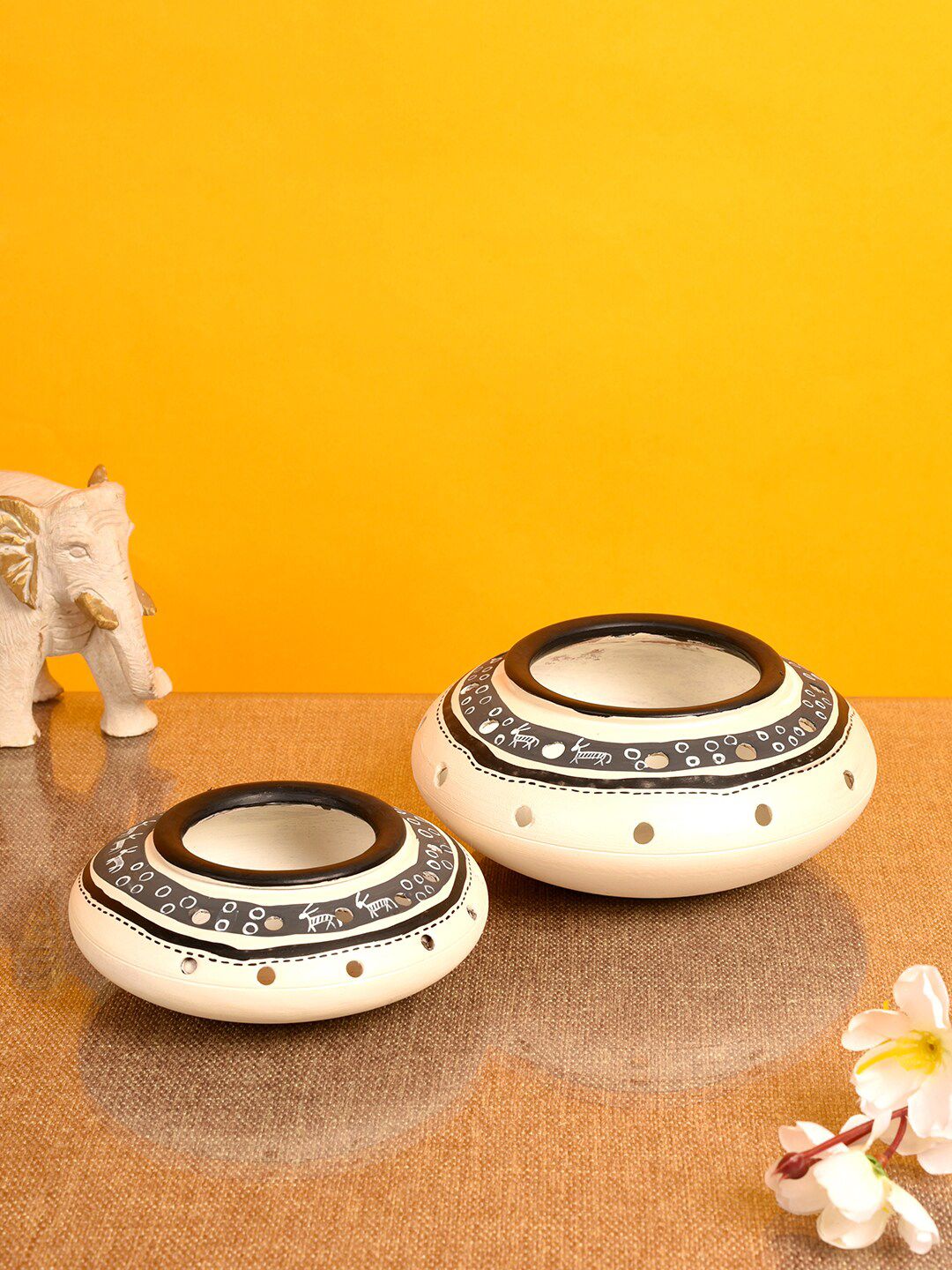 AAKRITI ART CREATIONS Set Of 2 White & Black Earthen Warli Vases Price in India