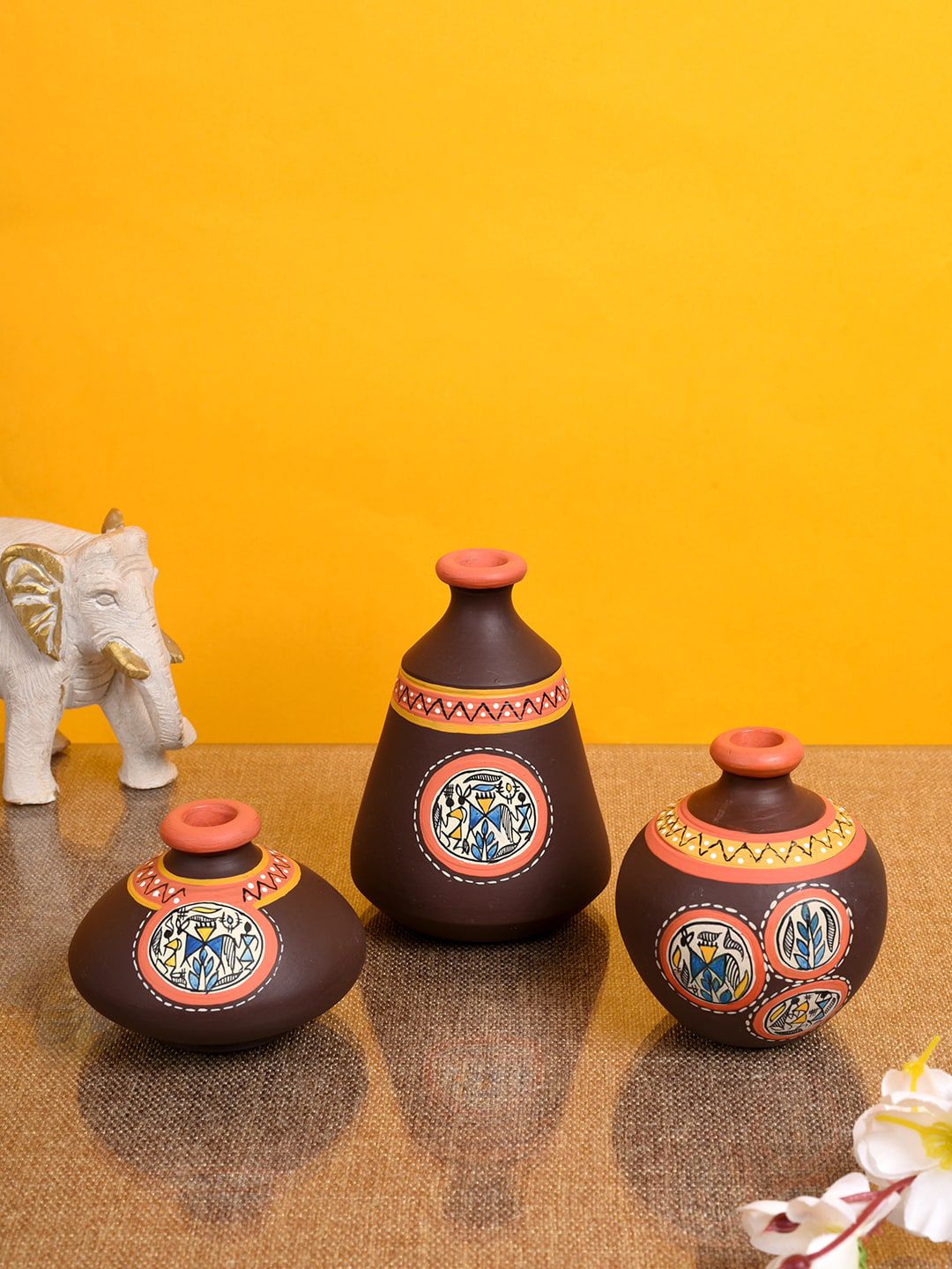 AAKRITI ART CREATIONS Set Of 3 Brown & Orange Warli Patterned Terracotta Vase Price in India