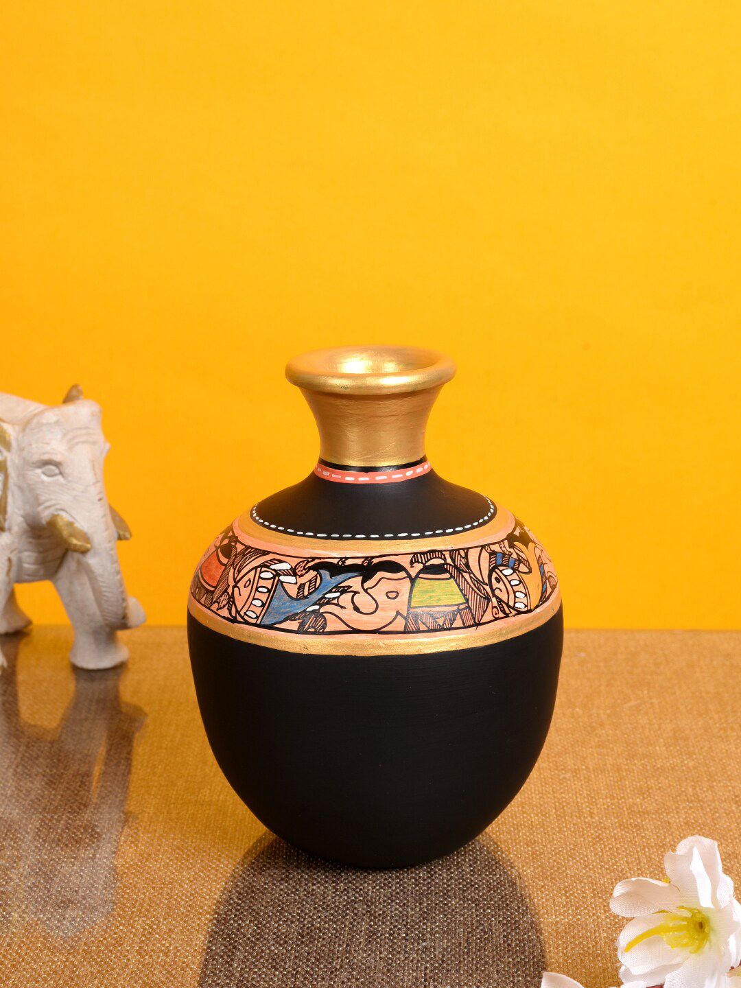 AAKRITI ART CREATIONS Black & Brown Handcrafted Madhubani Vase Price in India