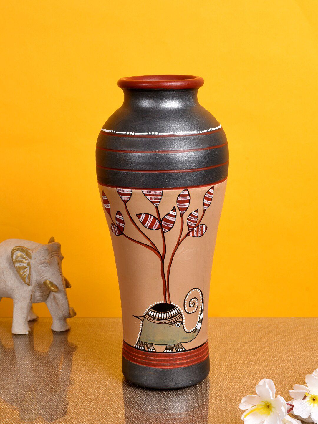 AAKRITI ART CREATIONS Gold-Toned & Grey Madhubani Handcrafted Earthen Vase Price in India