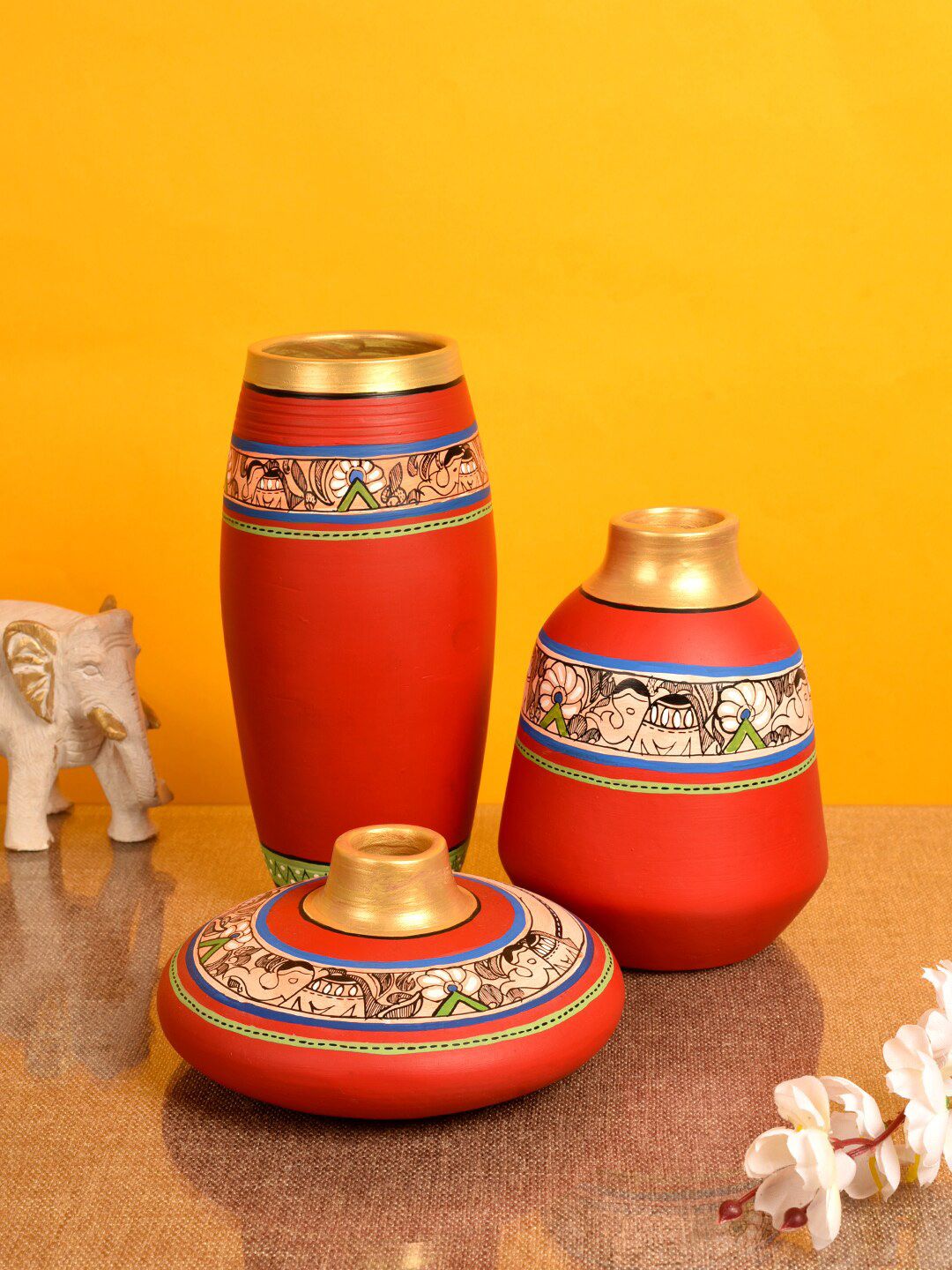 AAKRITI ART CREATIONS Set of 3 Red Earthen Madhubani Vase Price in India