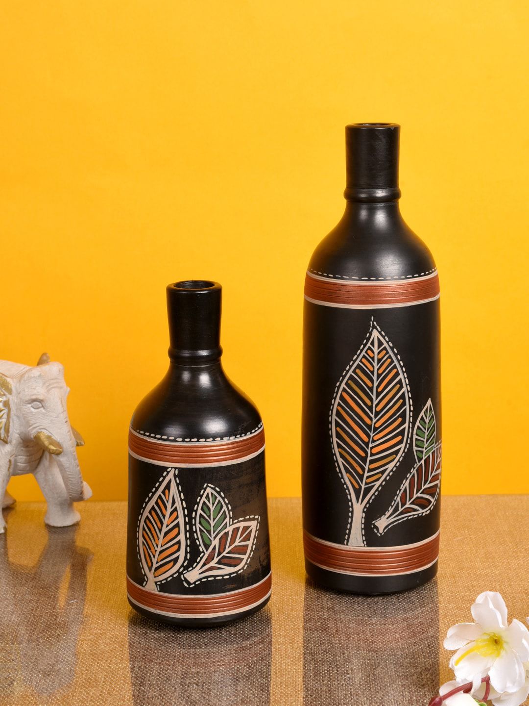AAKRITI ART CREATIONS Set of 2 Black Madhubani Print Bottle Vases Price in India