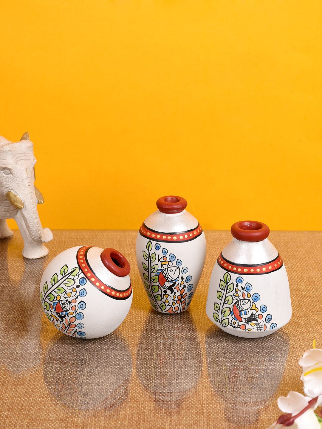 AAKRITI ART CREATIONS Set of 3 Silver-Toned & Red Warli Print Miniature Vases Price in India