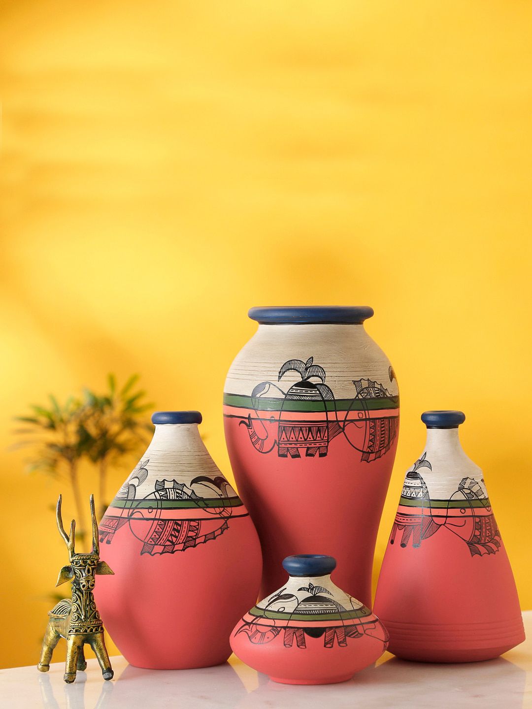 AAKRITI ART CREATIONS Set of 4 Red & Beige Handpainted Madhubani Vases Price in India