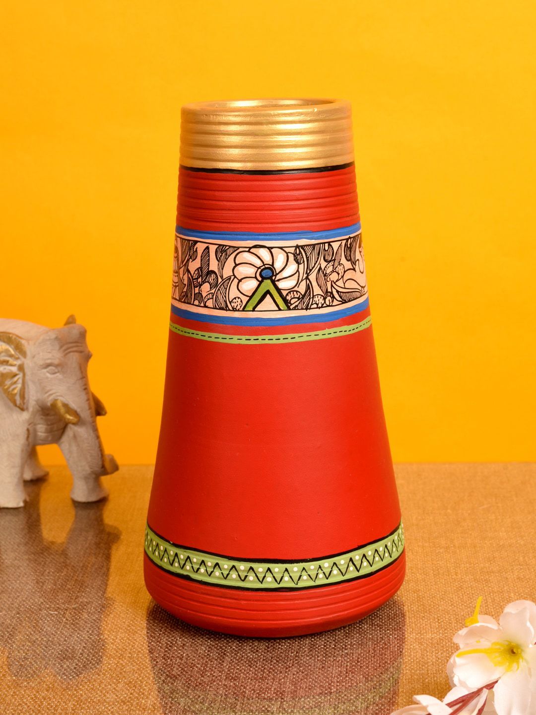 AAKRITI ART CREATIONS Red & Blue Madhubani Handcrafted Earthen Vase Price in India