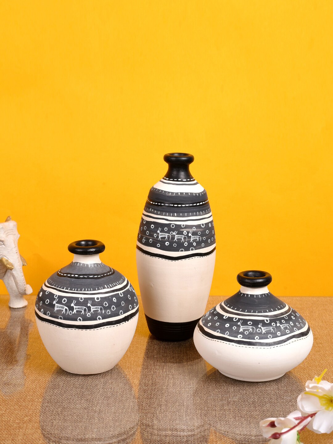 AAKRITI ART CREATIONS Set of 3 White & Black Warli Print Vases Price in India