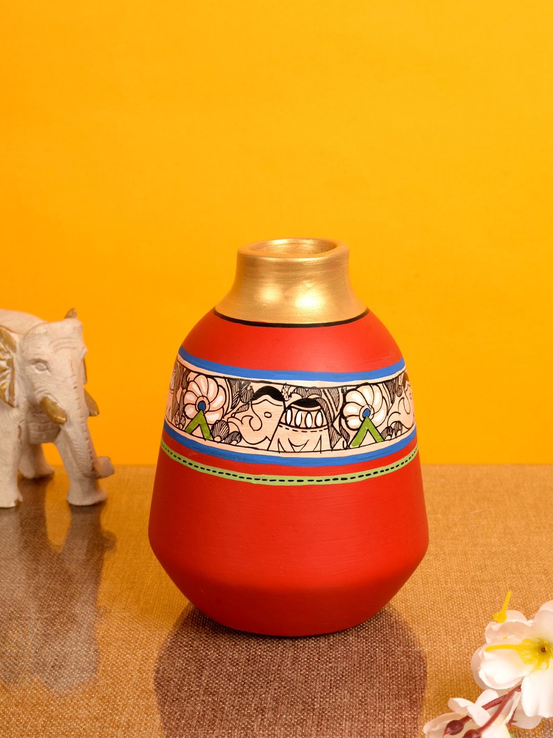 AAKRITI ART CREATIONS Red & Blue Handcrafted Madhubani Vase Price in India