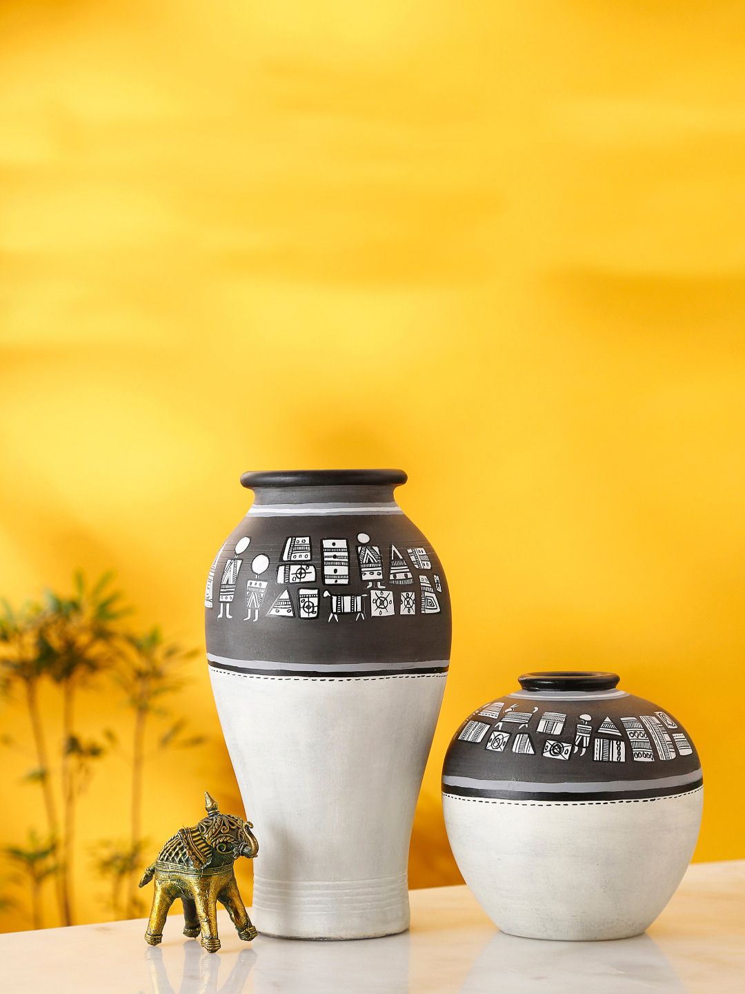 AAKRITI ART CREATIONS Set of 2 White & Black Warli Print Vases Price in India