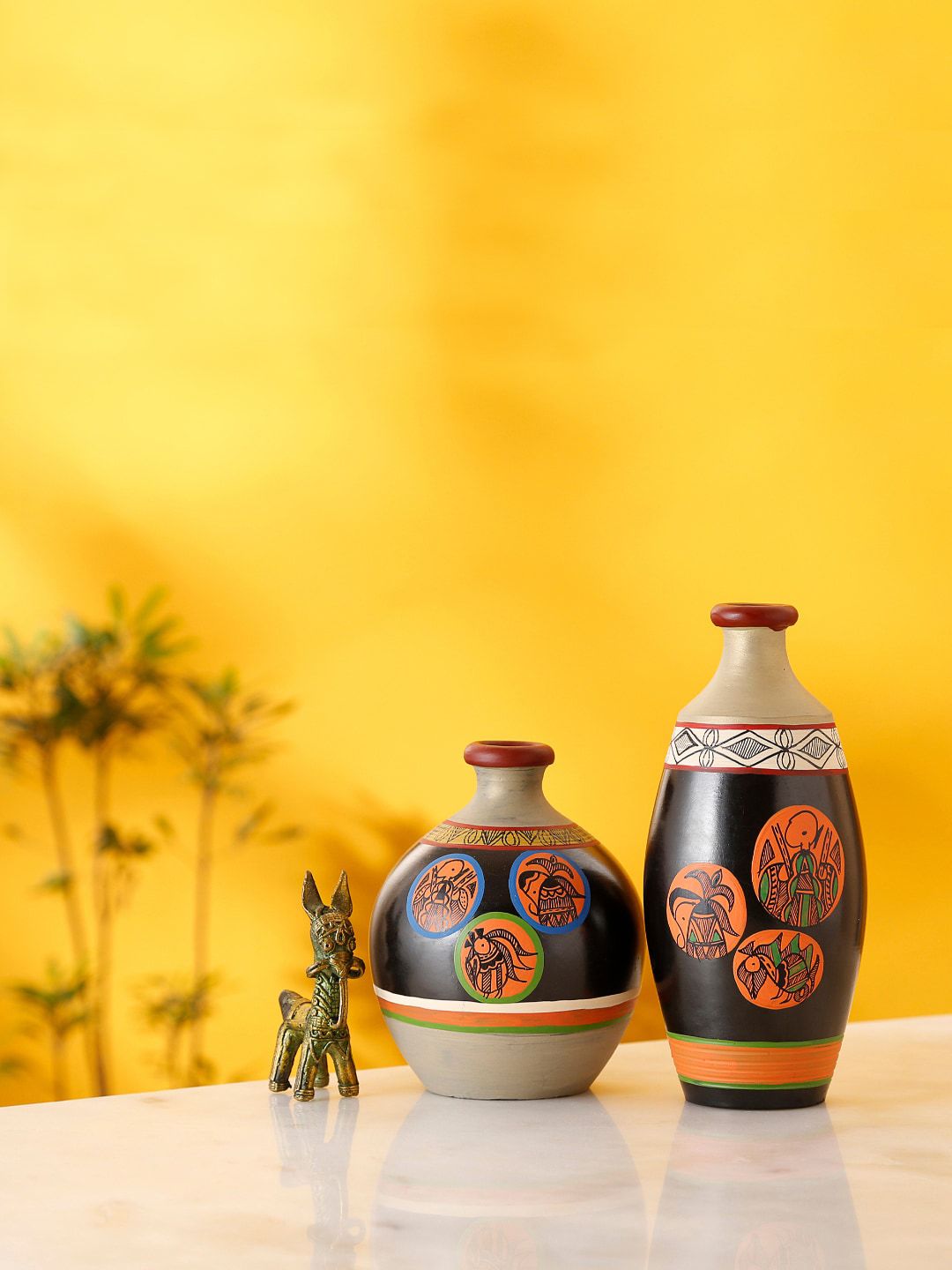AAKRITI ART CREATIONS Set of 2 Black & Orange Madhubani Print Vases Price in India