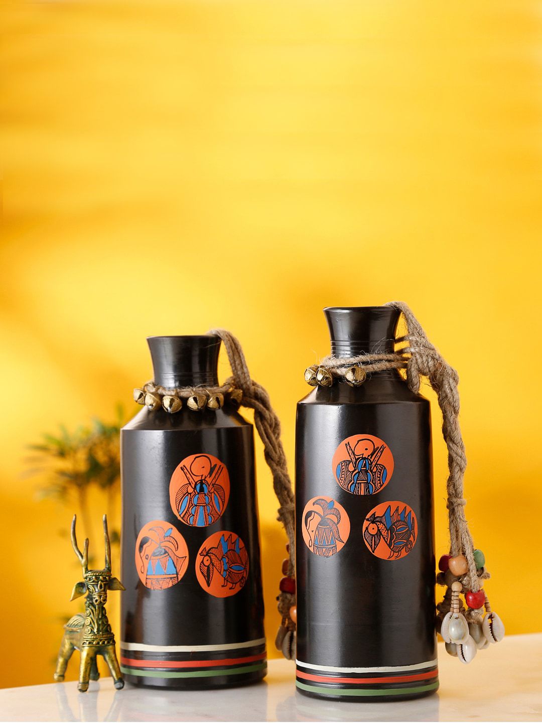 AAKRITI ART CREATIONS Set Of 2 Brown & Orange Earthen Handpainted Madhubani Vases Price in India