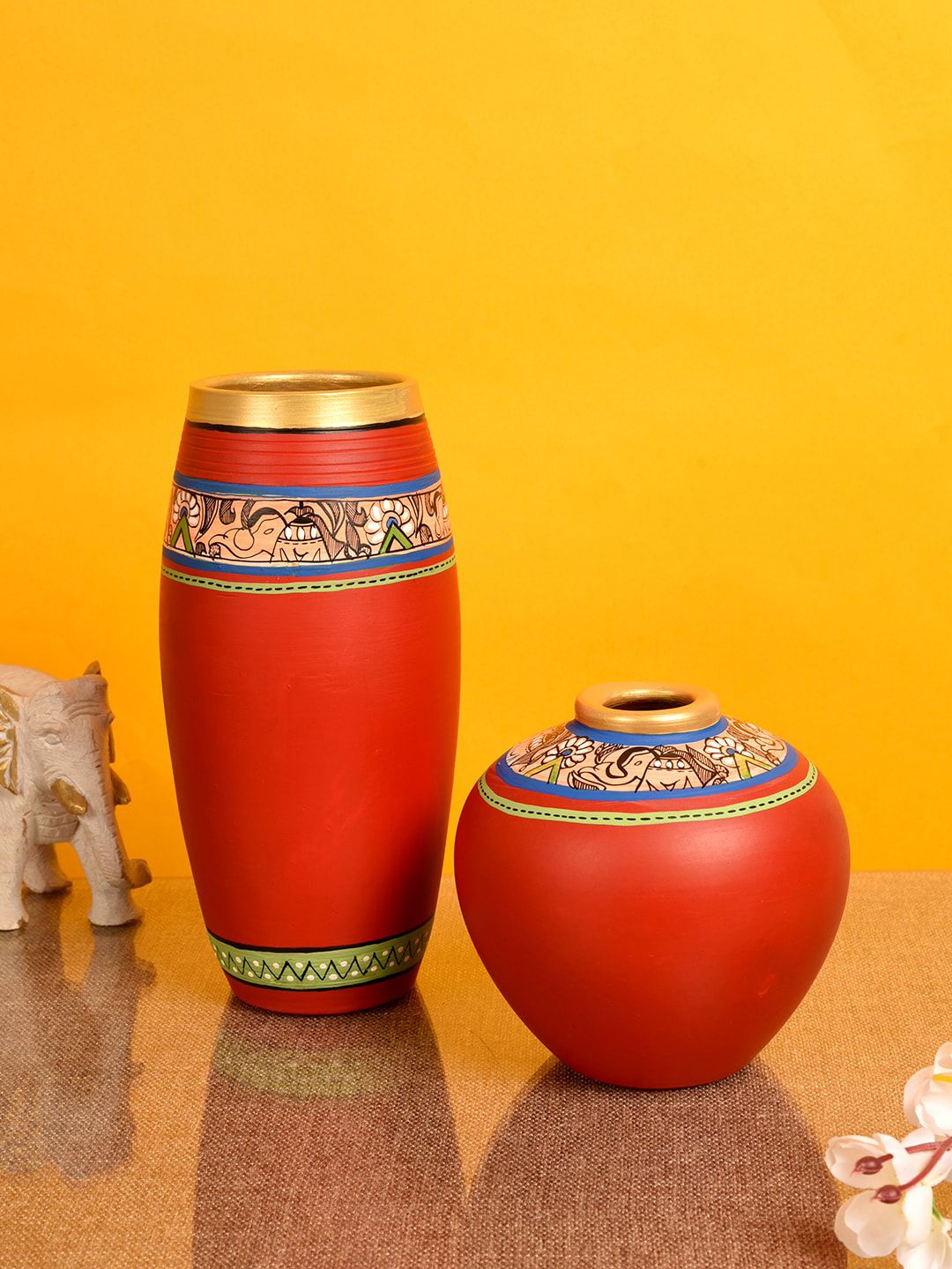 AAKRITI ART CREATIONS Set of 2 Red Madhubani Print Vases Price in India