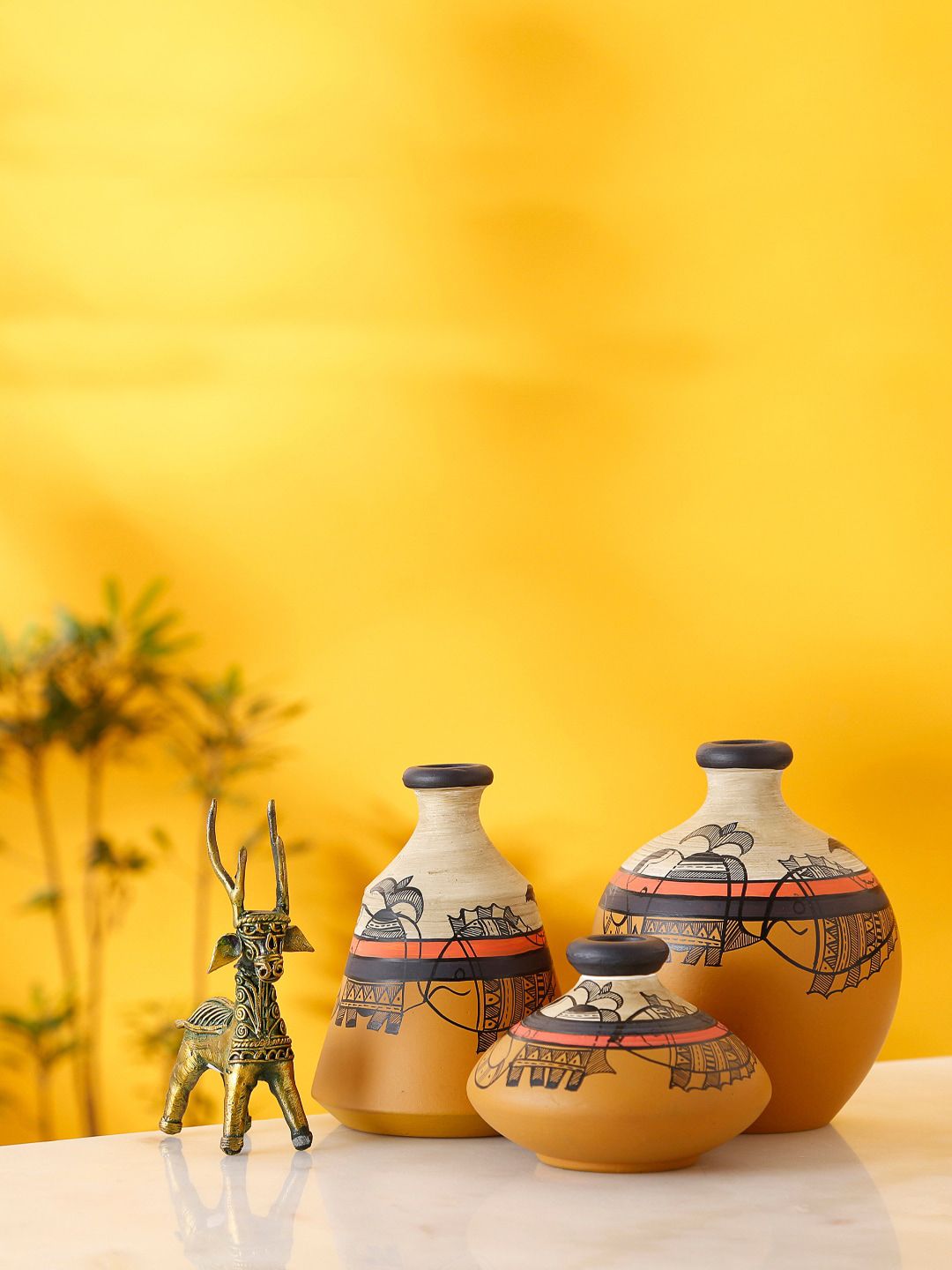 AAKRITI ART CREATIONS Set of 3 Yellow & Beige Madhubani Print Vases Price in India