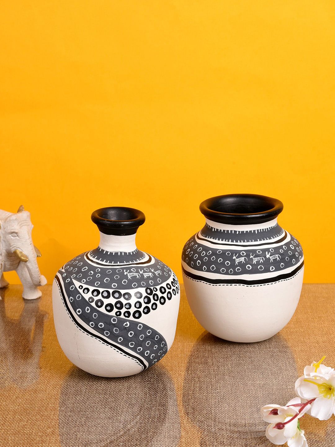 AAKRITI ART CREATIONS Set of 2 White & Black Warli Print Vases Price in India