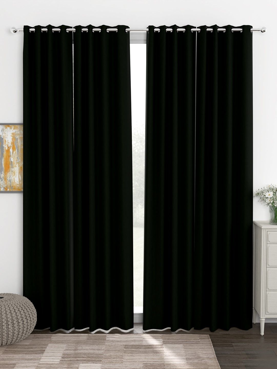 Story@home Black Set of 4 Faux Silk Black Out Door Curtain- 7 feet Price in India