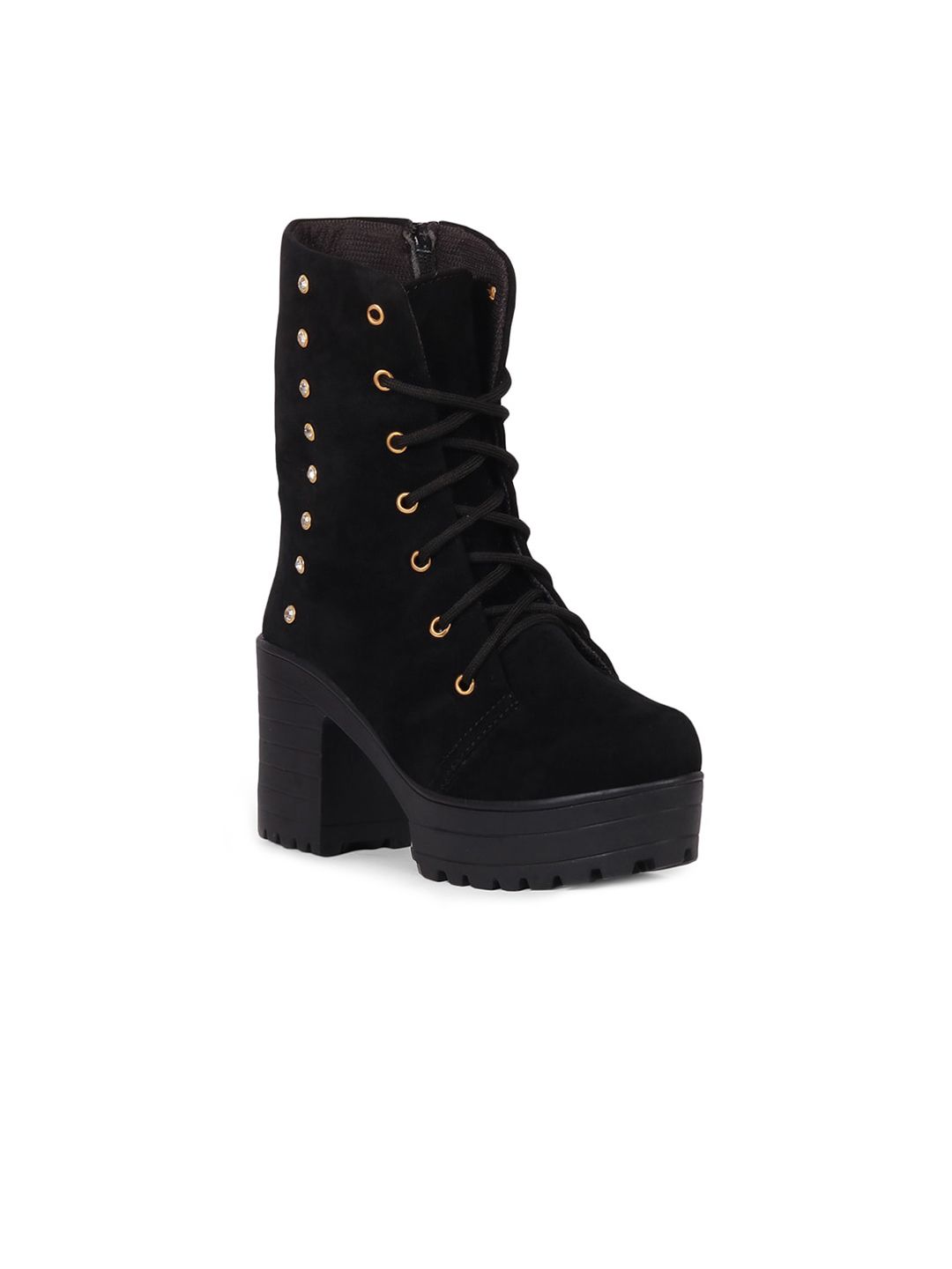 TWIN TOES Black Suede High-Top Block Heeled Boots with Laser Cuts Price in India