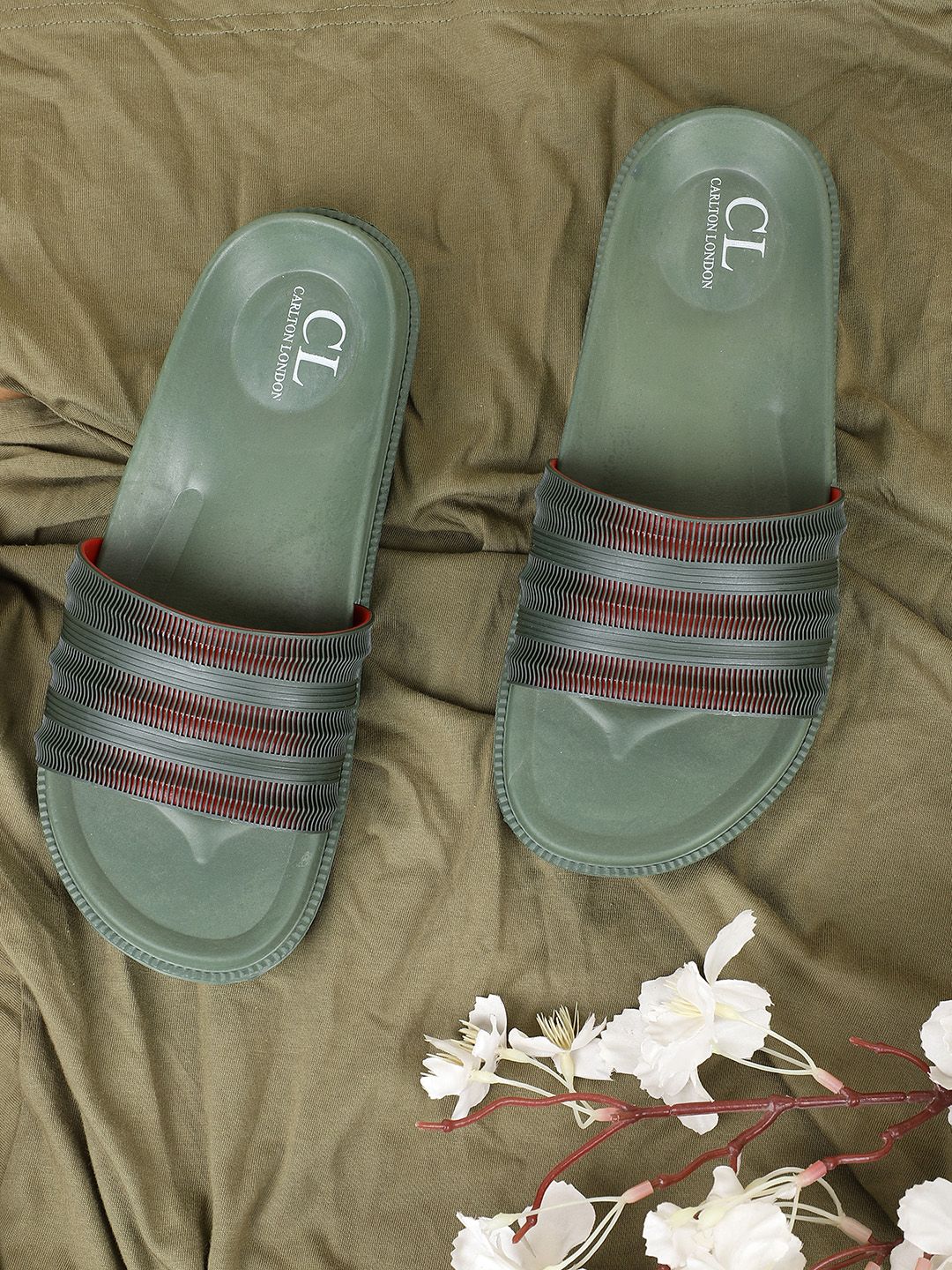 Carlton London Men Olive Green & Orange Sliders