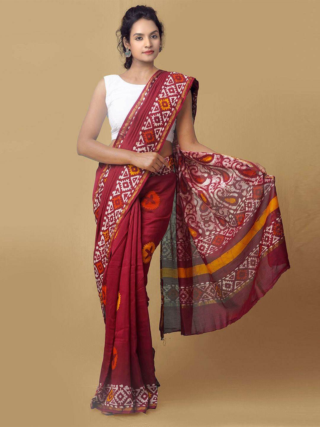 Unnati Silks Maroon & White Batik Zari Silk Cotton Chanderi Saree