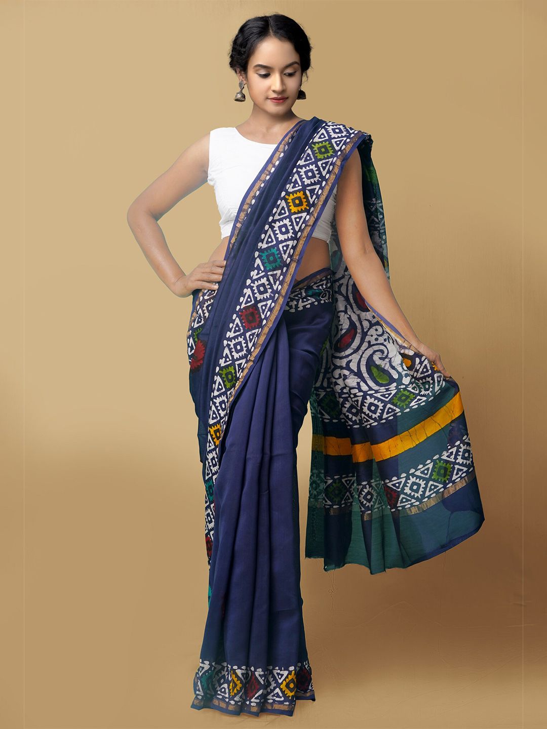 Unnati Silks Blue & White Batik Printed Zari Silk Cotton Chanderi Saree