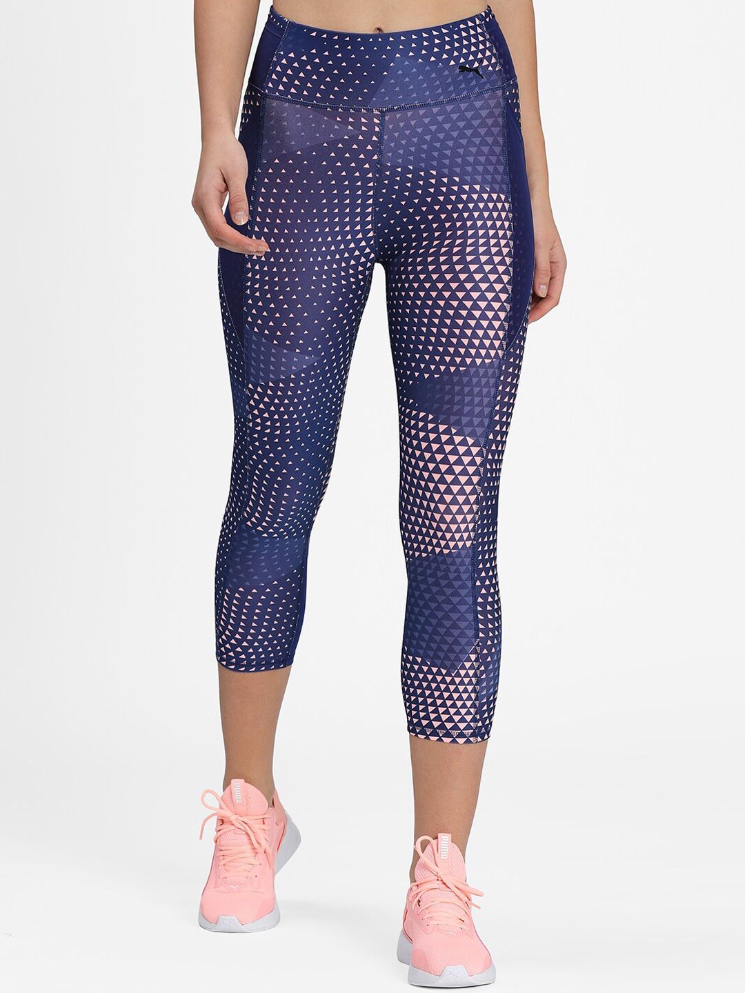 Puma Women Blue Geometric Printed Favourite AOP 3/4 Training Slim Tights Price in India