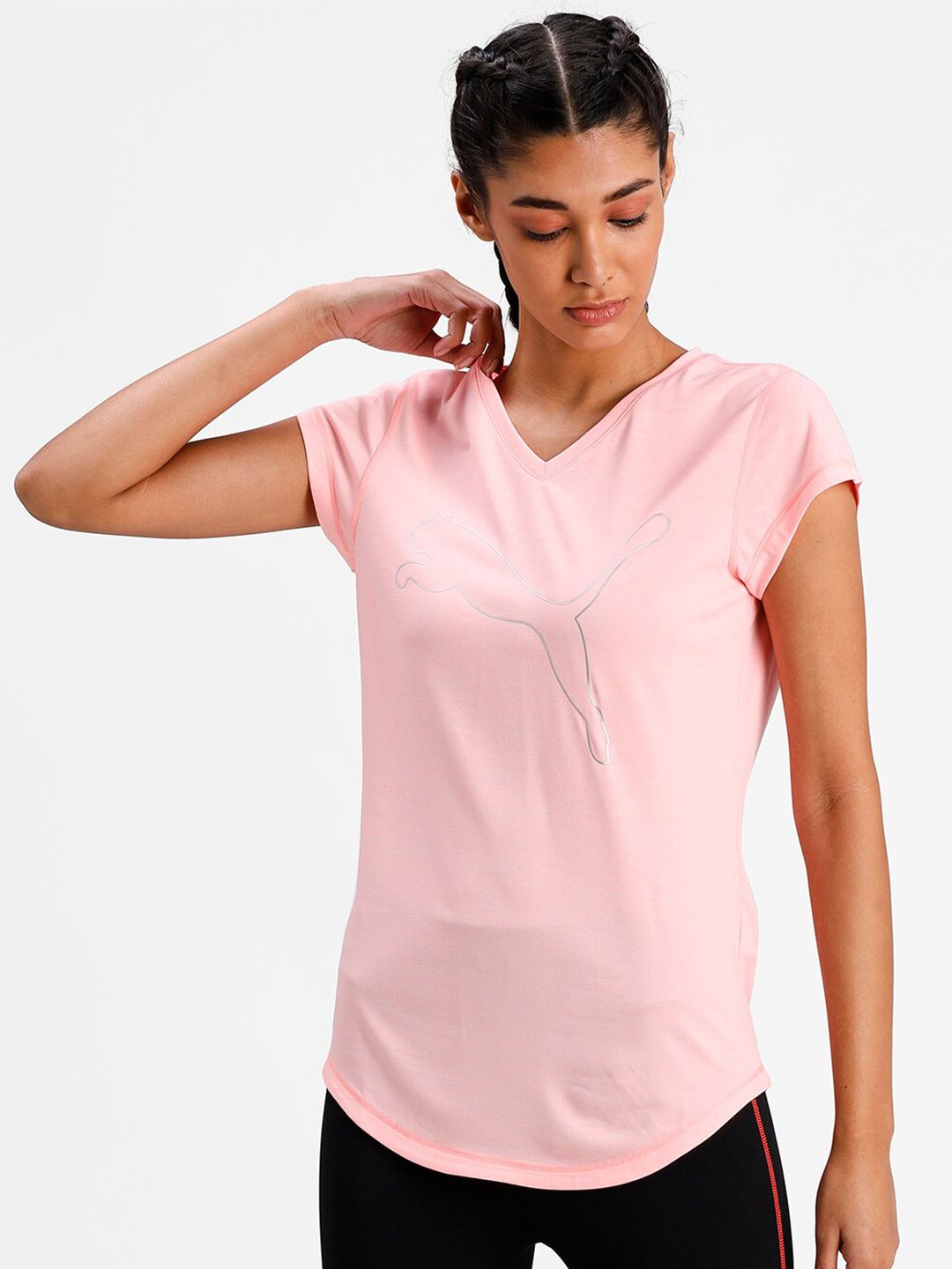 Puma Women Peach-Coloured Brand Logo Printed V-Neck T-shirt Price in India