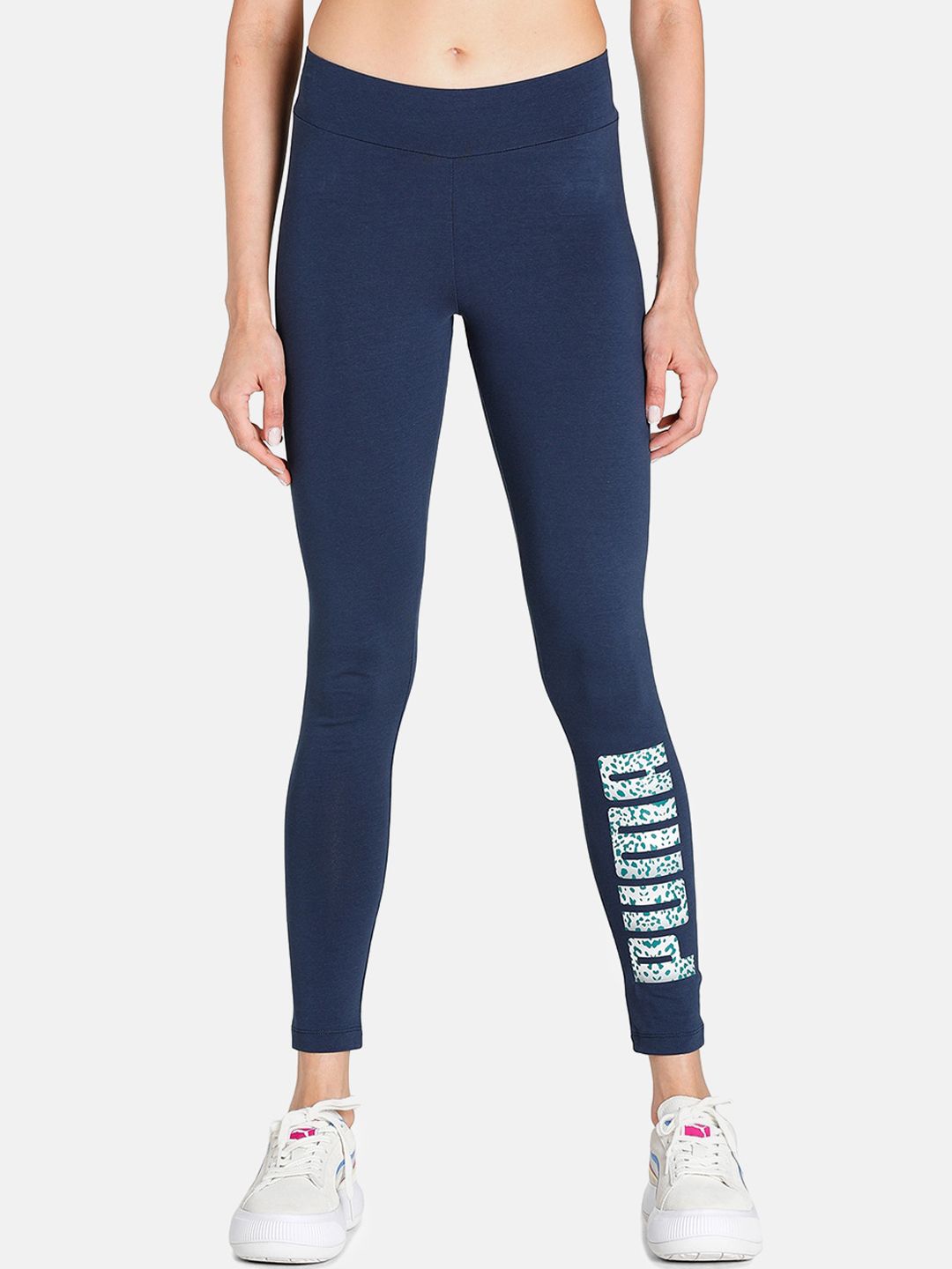 Puma Women Navy Blue & White Brand Logo Print Tights Price in India