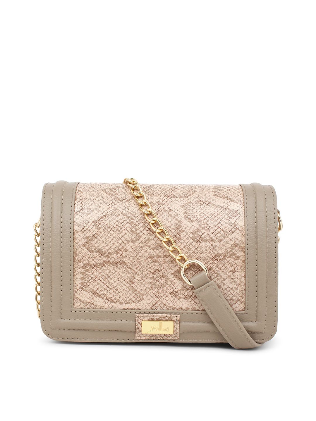 yelloe Beige & Brown Snake Printed Structured Sling Bag Price in India