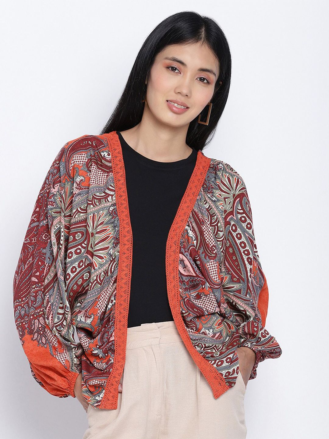 Oxolloxo Women Grey & Orange Printed Shrug Price in India