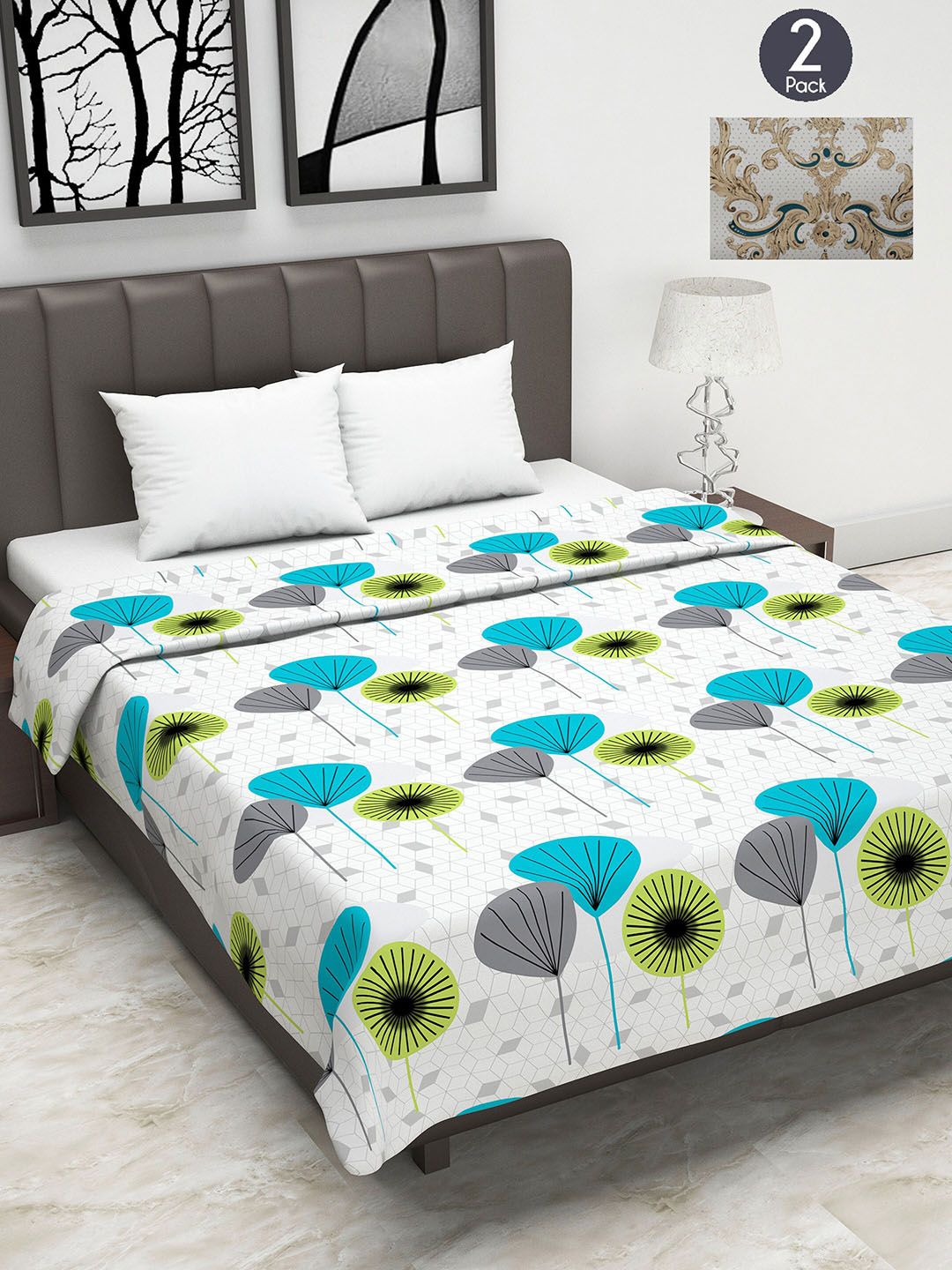 Divine Casa  Set of 2 White & Green Floral Mild Winter 120 GSM Double Bed Dohar Price in India