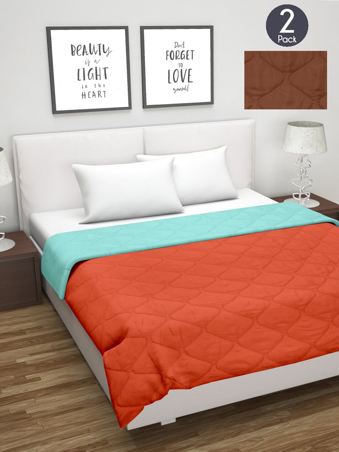 Divine Casa Set of 2 Orange & Turquoise Blue Mild Winter 150 GSM Double Bed Comforter Price in India
