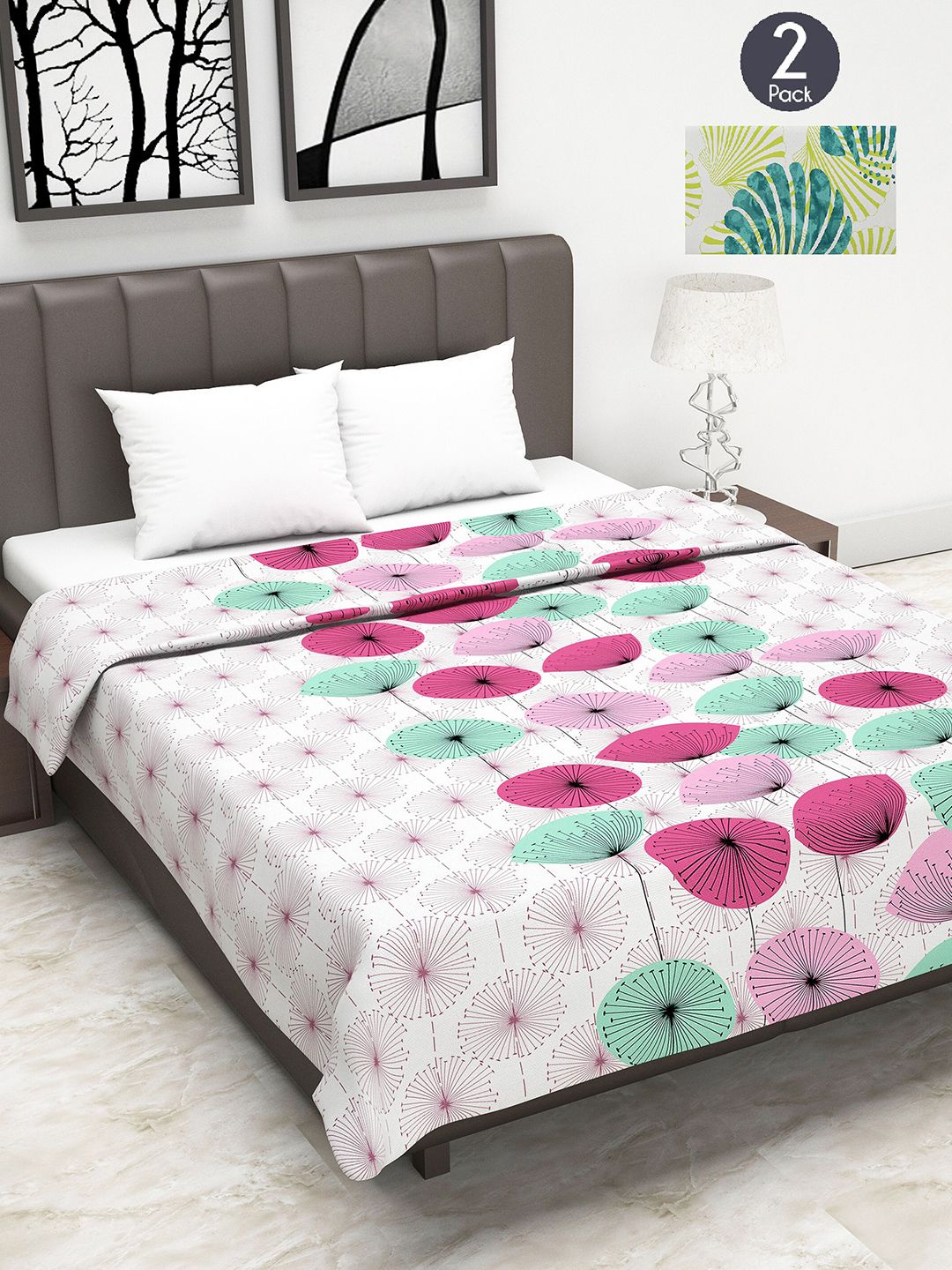 Divine Casa Set of 2 Pink & White Floral Mild Winter 120 GSM Double Bed Dohar Price in India