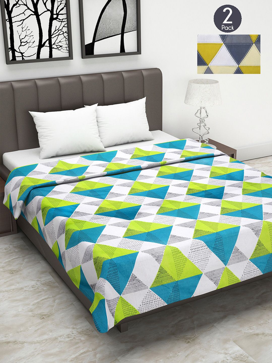 Divine Casa Green & White Set of 2 Geometric Printed 120 GSM Double Bed Dohar Price in India