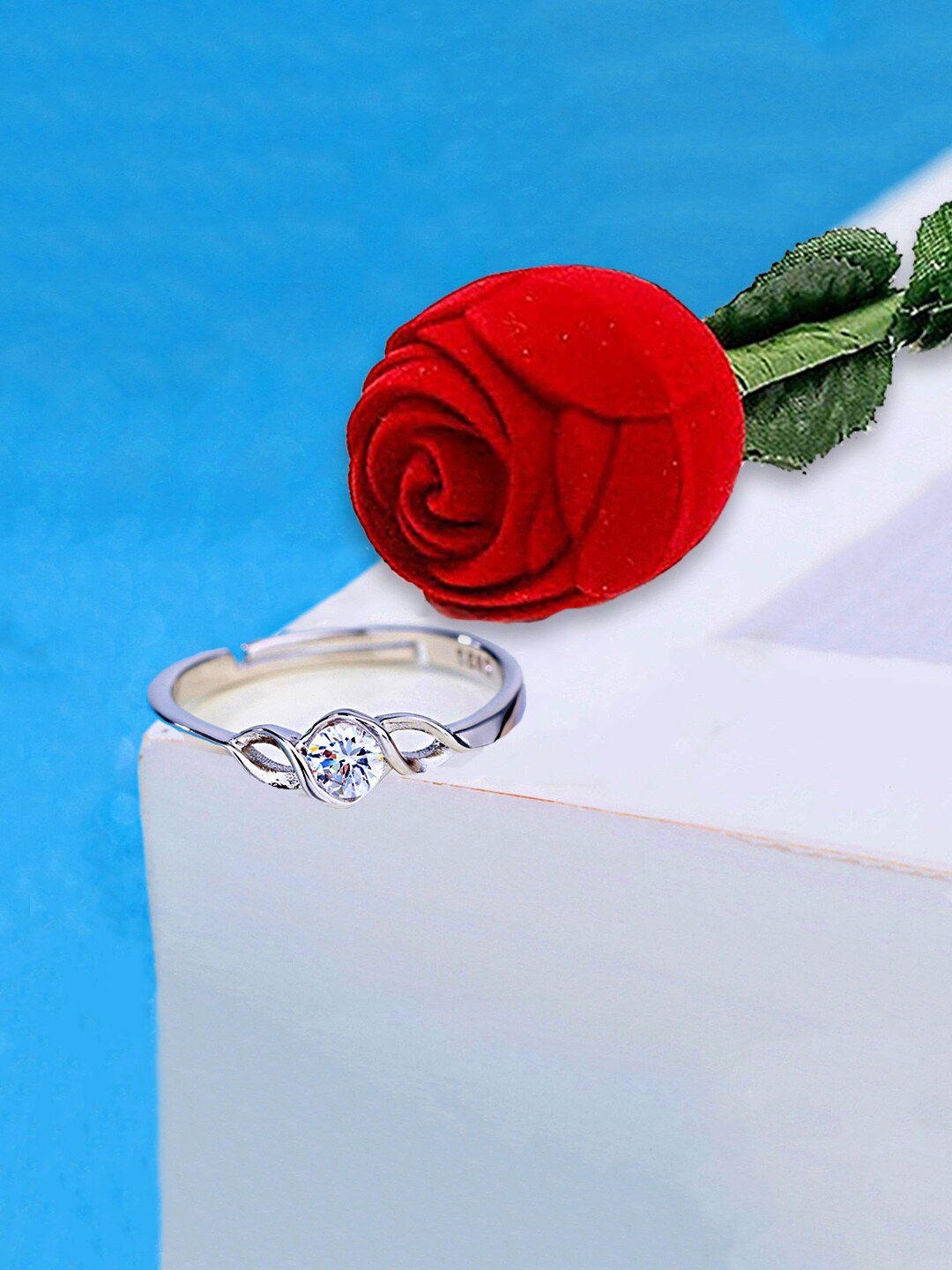 Yellow Chimes Women Silver- Toned Crystal Finger Ring With Velvet Red Rose Box Price in India