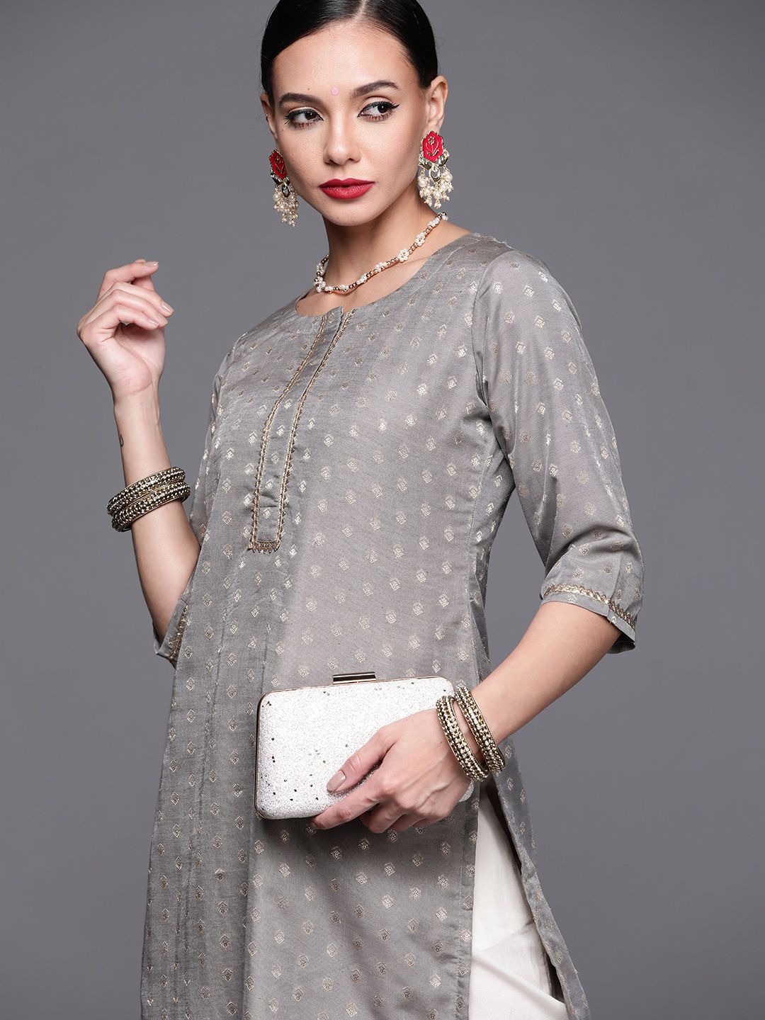 Libas Women Grey Woven Design Chanderi Silk Kurta Price in India