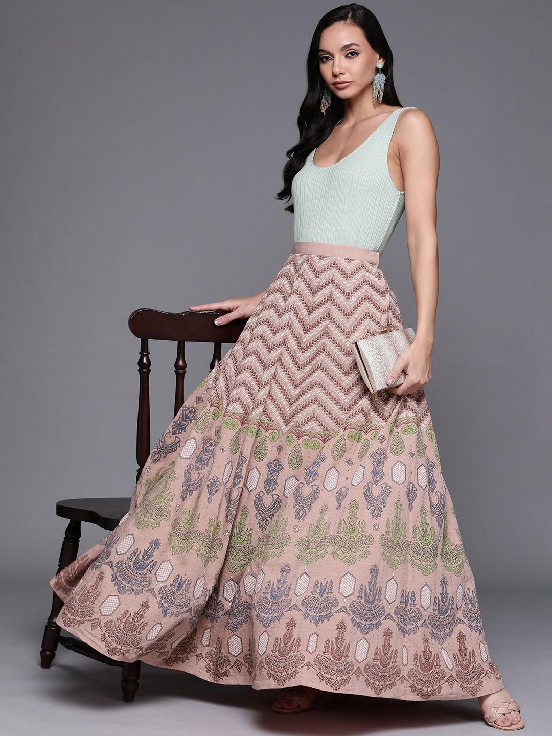 Libas Women Peach-coloured & Green Ethnic Print Panelled Flared Maxi Skirt Price in India