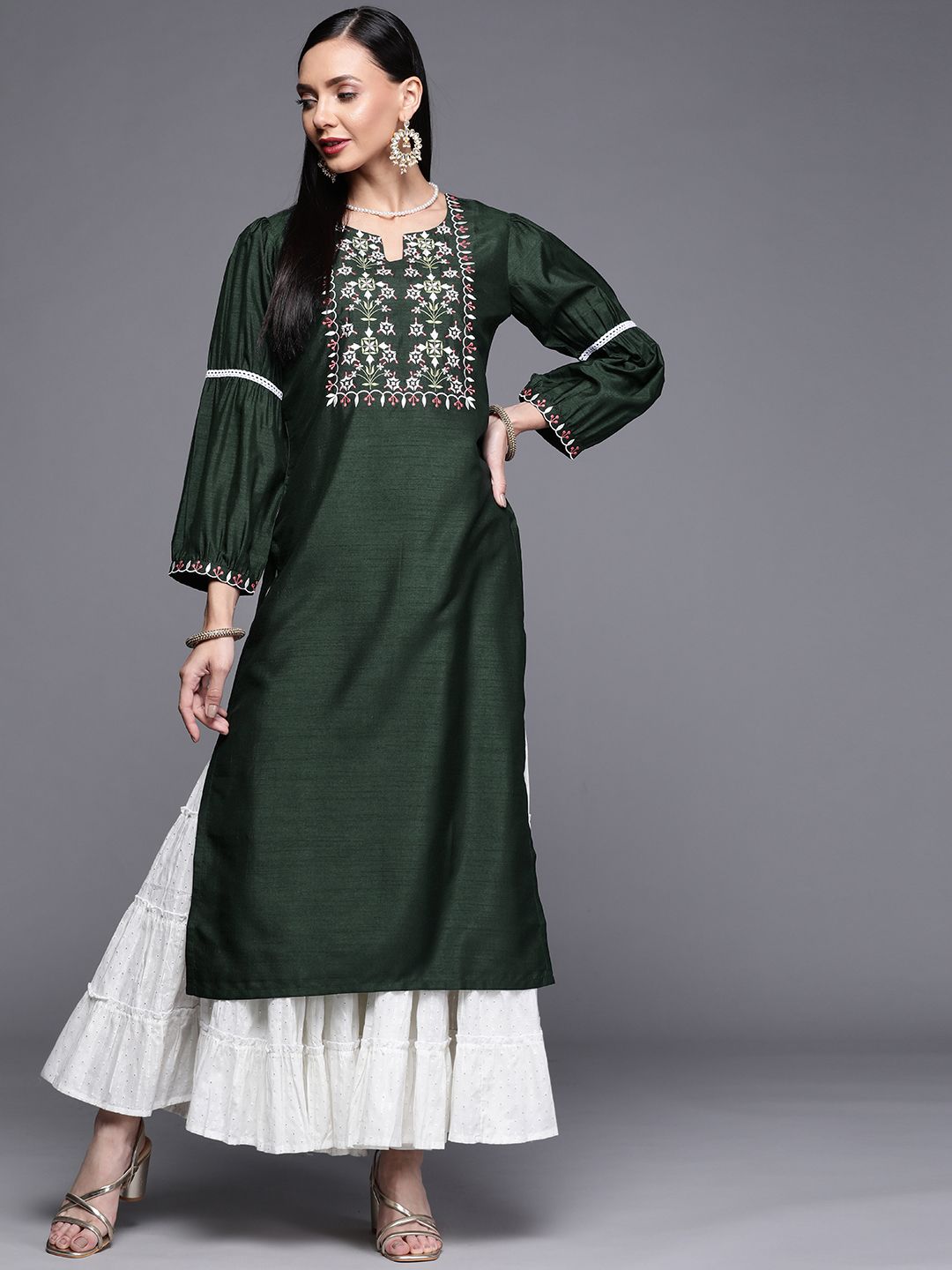 Libas Women Green Ethnic Motifs Yoke Design Chanderi Silk Kurta Price in India