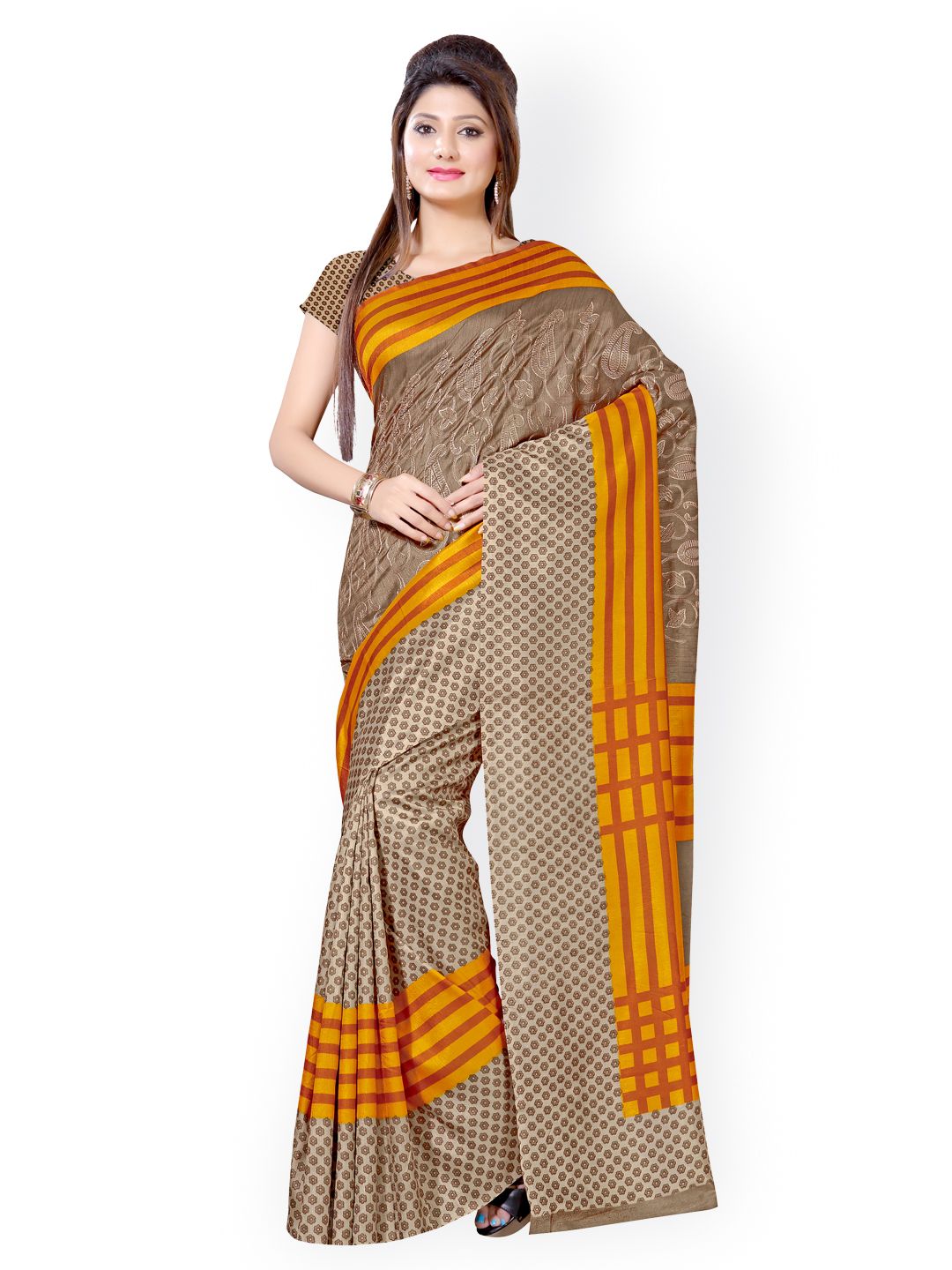 Saree mall Brown Printed & Embroidered Silk Saree Price in India