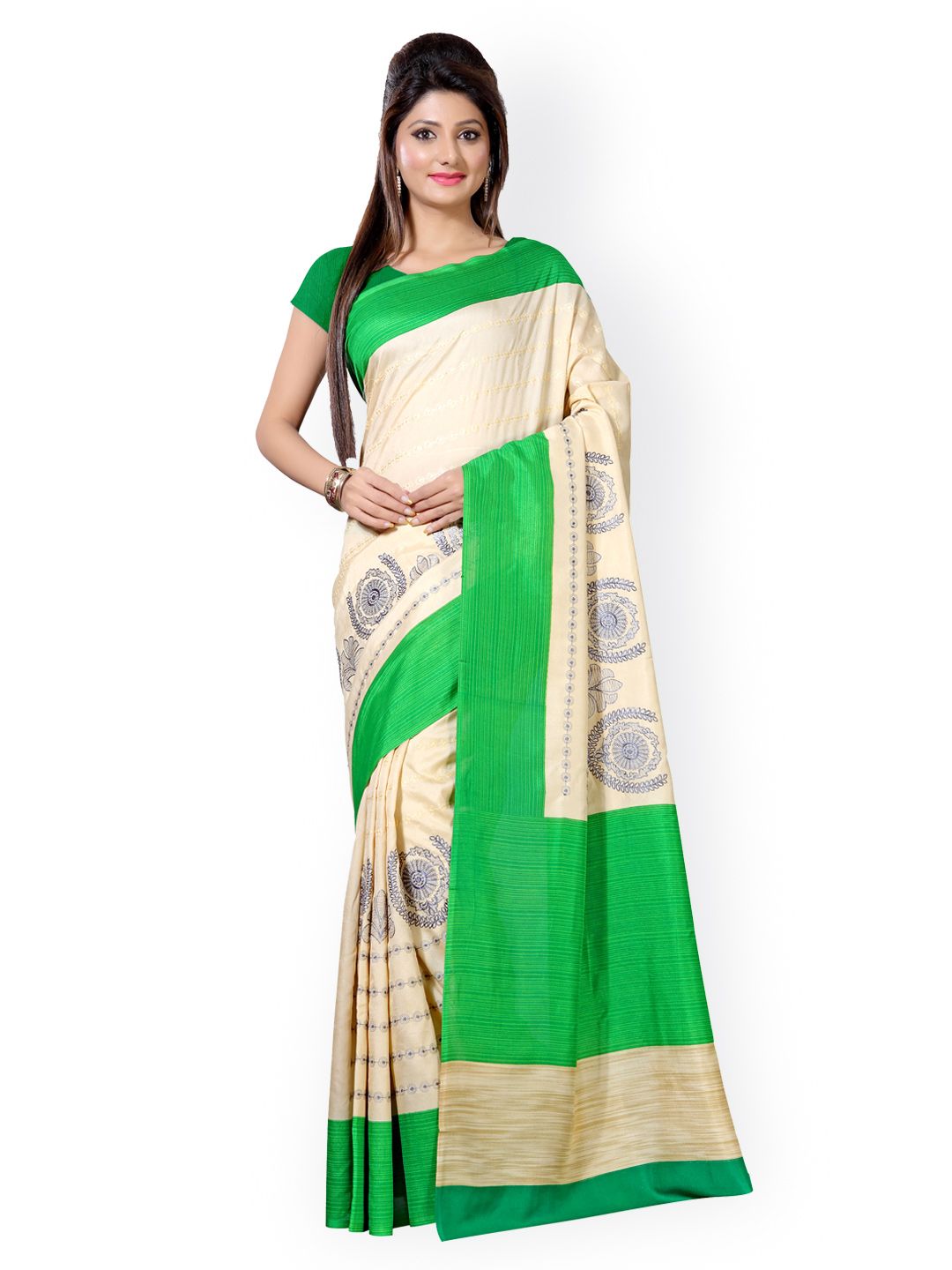 Saree mall Beige & Green Embroidered Silk Saree Price in India