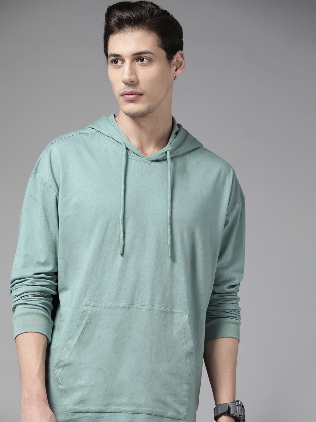 Roadster Men Sea Green Solid Cotton Drop-Shoulder Sleeves Hooded Relaxed Fit T-shirt