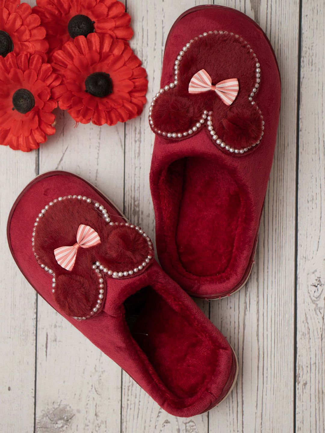 Brauch Women Maroon & White Embellished Room Slippers Price in India