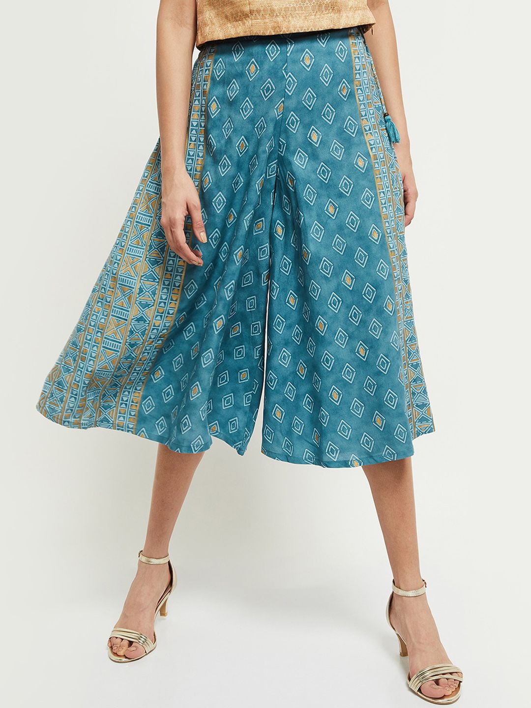 max Women Blue Geometric Printed Loose Fit Culottes Trousers Price in India