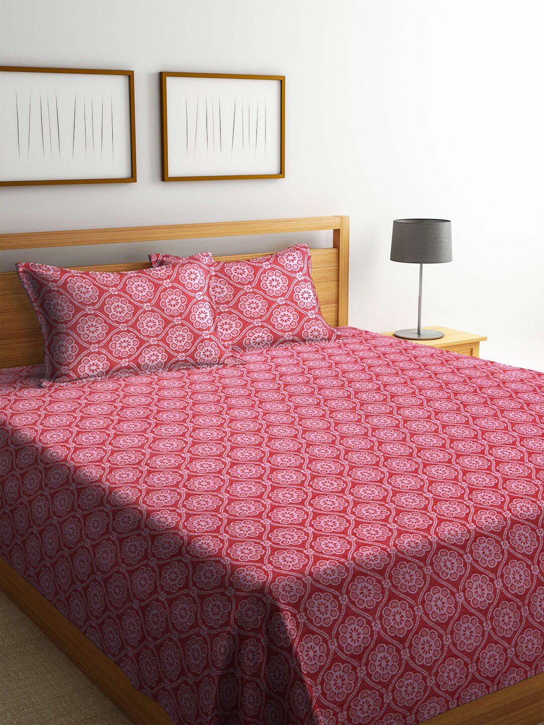 KLOTTHE Red & White Woven Design Cotton Double King Bedcover With 2 Pillow Covers Price in India
