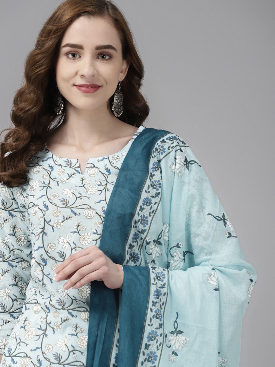 Yufta Women Blue & White Floral Printed Pure Cotton Kurta with Trousers & Dupatta Price in India