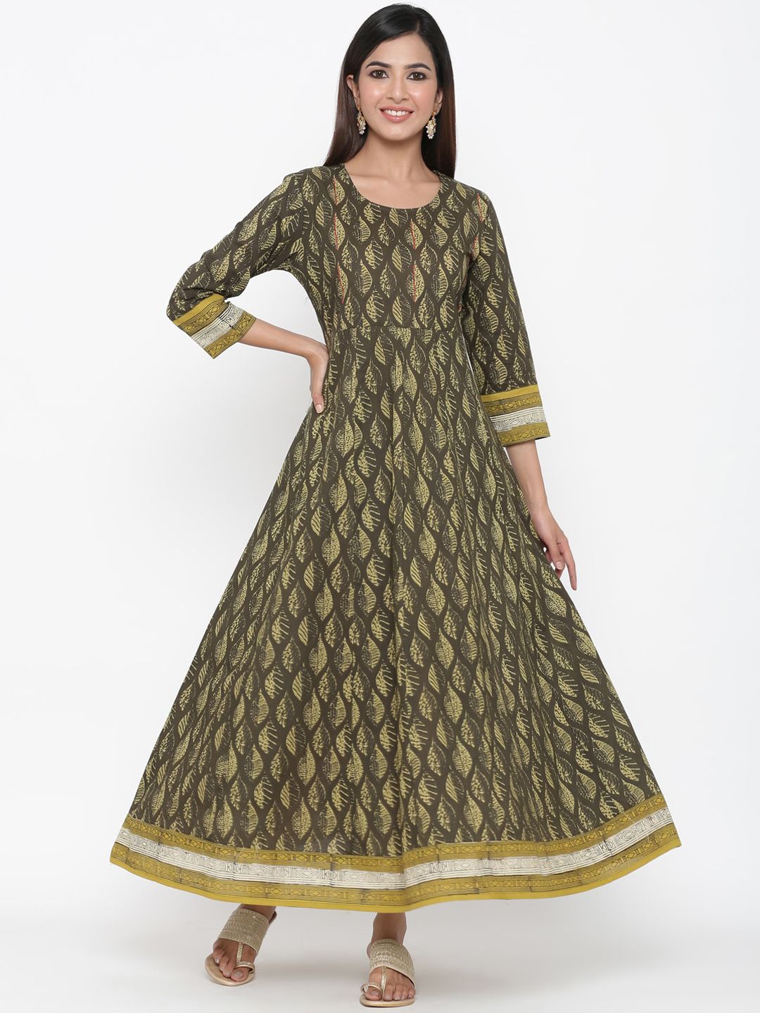 kipek Brown & Beige Ethnic Motifs Ethnic Maxi Dress Price in India