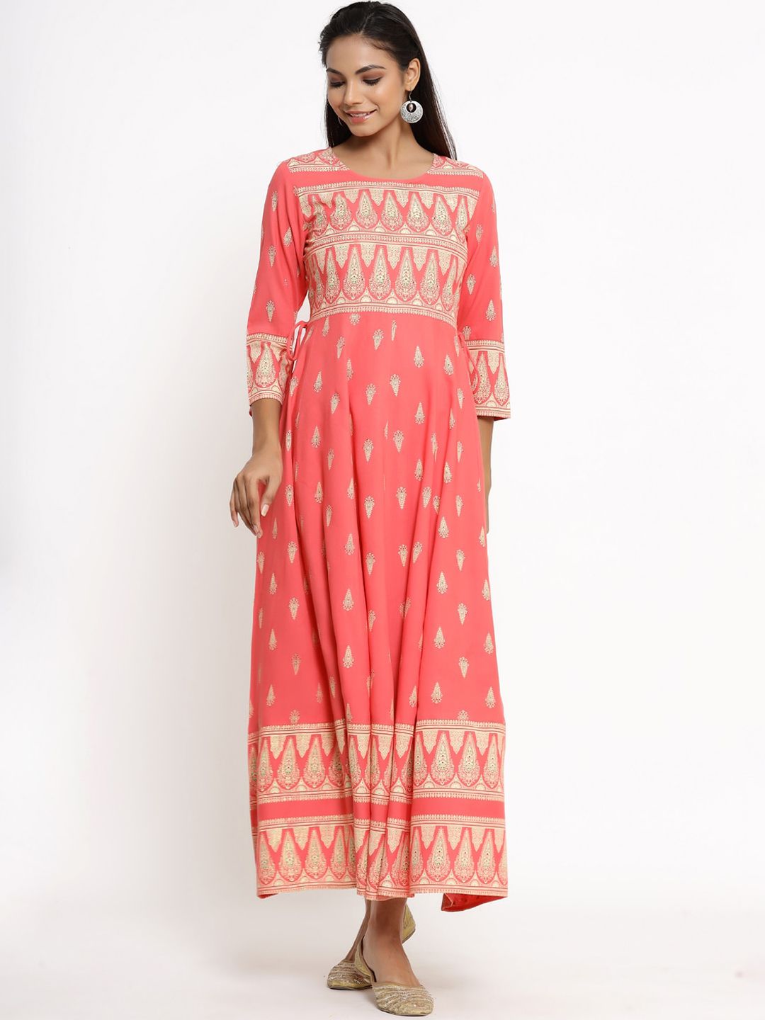 kipek Peach-Coloured & Beige Ethnic Motifs Ethnic Maxi Dress Price in India