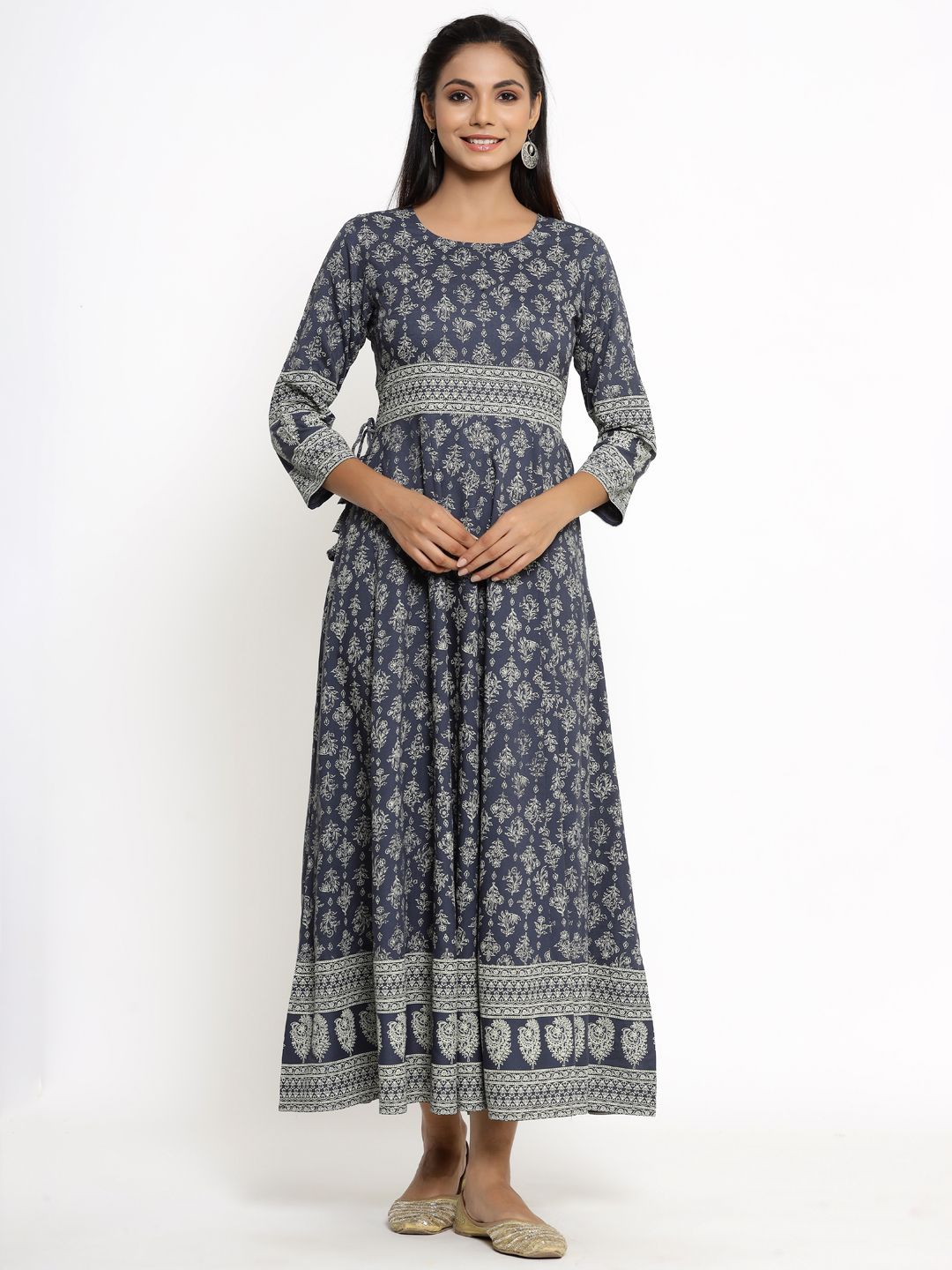 kipek Grey & Off White Floral Ethnic Maxi Dress Price in India