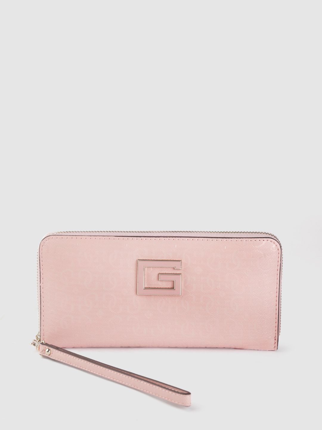 GUESS Women Peach-Coloured Brand Logo Textured Zip Around Wallet Price in India